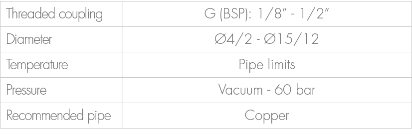 Threaded coupling,G (BSP): 1/8” 1/2”,Diameter, 4/2 15/12,Temperature,Pipe limits ,Pressure,Vacuum 60 bar ,Recommende...