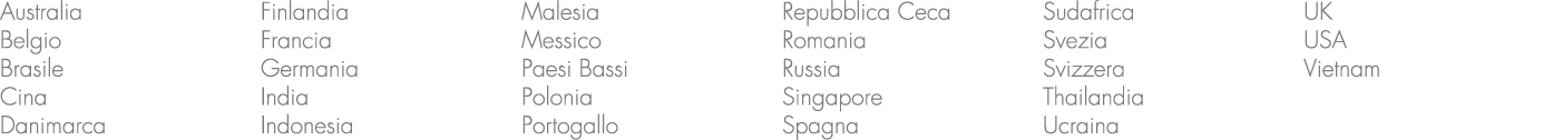 Australia Belgio Brasile Cina Danimarca Finlandia Francia Germania India Indonesia Malesia Messico Paesi Bassi Poloni...